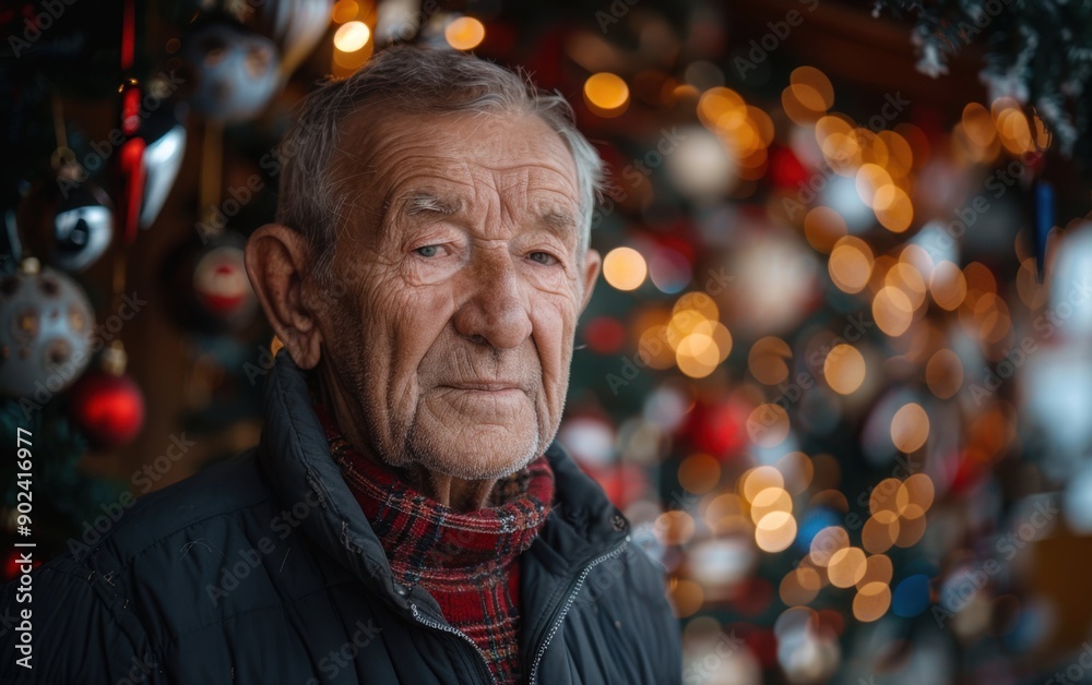 A senior caucasian man stands in front of a decorated Christmas tree, reflecting on memories and the festive atmosphere