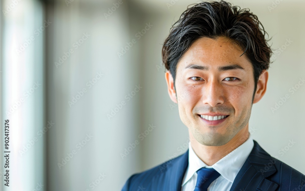 A smiling Japanese businessman stands confidently in a bright, modern office, showcasing professionalism and approachability A smiling Japanese businessman stands confidently in a bright, modern office, showcasing professionalism and approachability