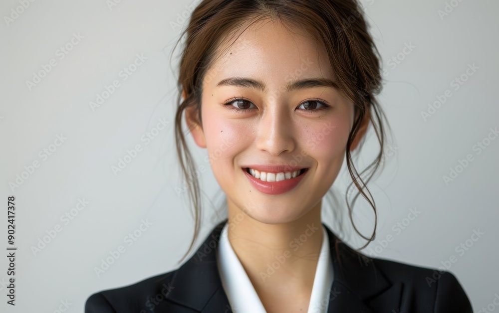 A cheerful Japanese businesswoman is posing confidently, dressed in professional attire, showcasing her smile in a bright office setting A cheerful Japanese businesswoman is posing confidently, dressed in professional attire, showcasing her smile in a bright office setting