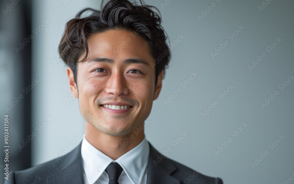 A cheerful Japanese businessman dressed in a suit, radiating positivity in a contemporary office environment A cheerful Japanese businessman dressed in a suit, radiating positivity in a contemporary office environment
