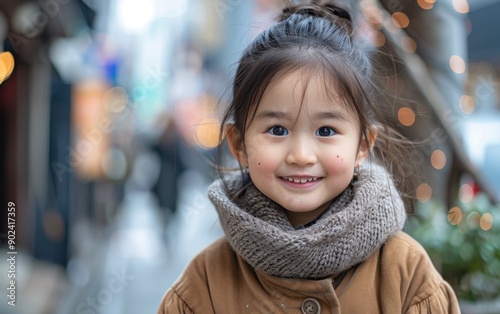 A joyful girl in a warm scarf smiles brightly while standing on a bustling city street decorated with lights