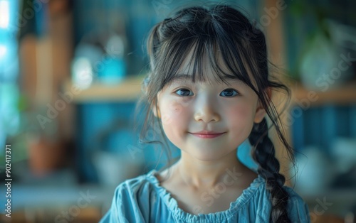 A young girl beams with joy indoors, showcasing her bright smile and braided hair against a vibrant background filled with soft colors