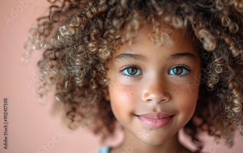 A cheerful little girl with curly hair smiles brightly against a soft background, radiating joy and innocence in her joyful expression