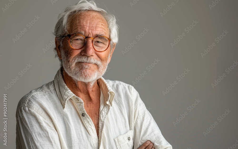 A cheerful senior man stands confidently, smiling warmly while crossing his arms, against a neutral background with soft light A cheerful senior man stands confidently, smiling warmly while crossing his arms, against a neutral background with soft light