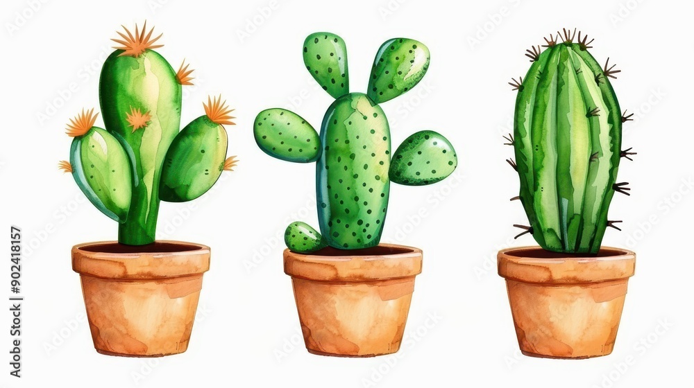 A vibrant watercolor set showcasing green cacti in pots, perfect for adding a touch of nature to your decor. Ideal for plant lovers A vibrant watercolor set showcasing green cacti in pots, perfect for adding a touch of nature to your decor. Ideal for plant lovers