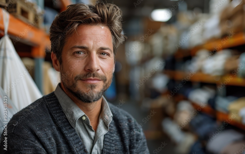 An accountant stands confidently in a warehouse, focused on managing inventory while surrounded by stacks of goods An accountant stands confidently in a warehouse, focused on managing inventory while surrounded by stacks of goods