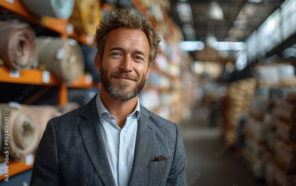A businessman smiles while posing in a bustling warehouse full of rolled materials, showcasing professionalism and confidence A businessman smiles while posing in a bustling warehouse full of rolled materials, showcasing professionalism and confidence