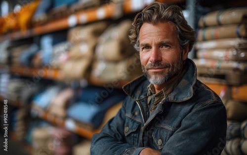 An accountant stands confidently in a warehouse, surrounded by various materials, while managing daily business transactions