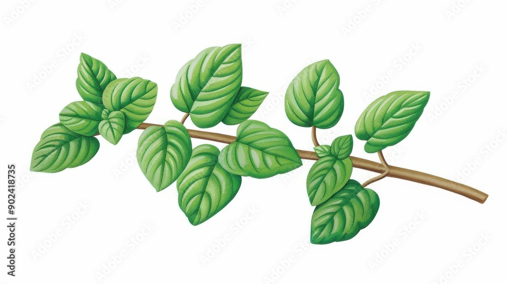 Obraz premium A delicate watercolor illustration of a peppermint plant, showcasing its lush green leaves against a clean white backdrop.
