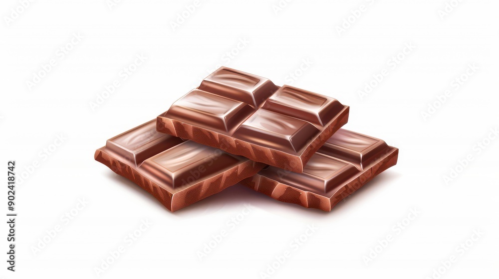 Rich and smooth dark chocolate bars illustrated in watercolor, showcasing their tempting texture against a crisp white backdrop. Rich and smooth dark chocolate bars illustrated in watercolor, showcasing their tempting texture against a crisp white backdrop.
