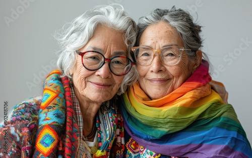 An elderly lesbian couple smiles warmly at the camera while wearing colorful scarves and glasses, radiating love and joy together photo