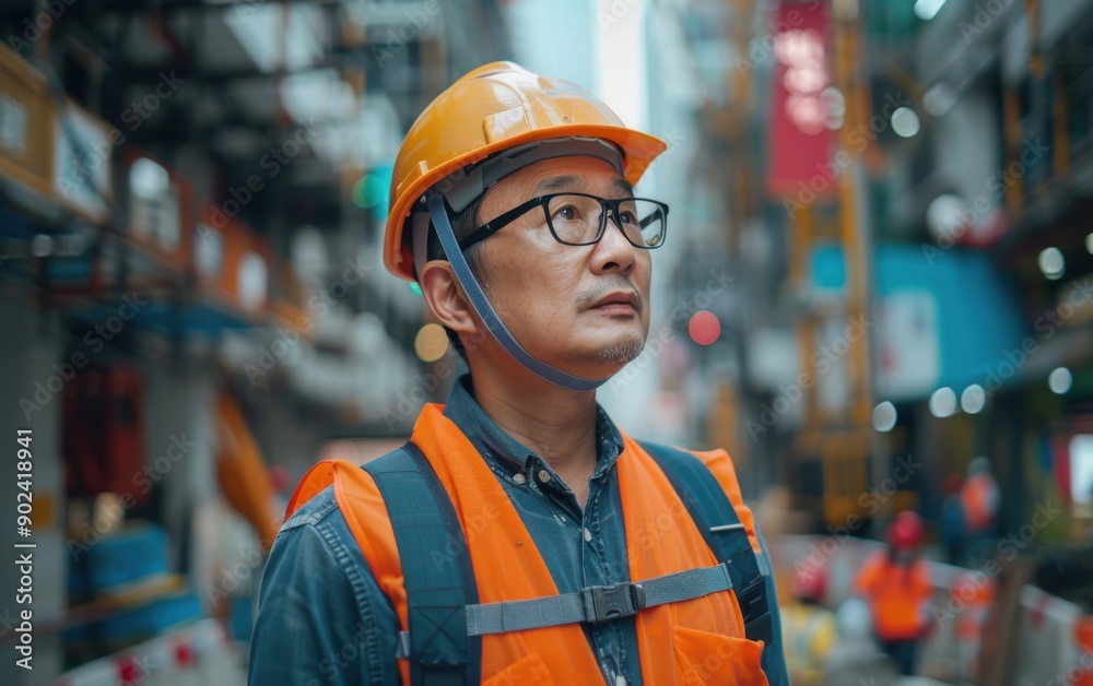 An Asian engineer assesses the bustling construction environment while wearing safety gear and looking thoughtfully at the ongoing work An Asian engineer assesses the bustling construction environment while wearing safety gear and looking thoughtfully at the ongoing work