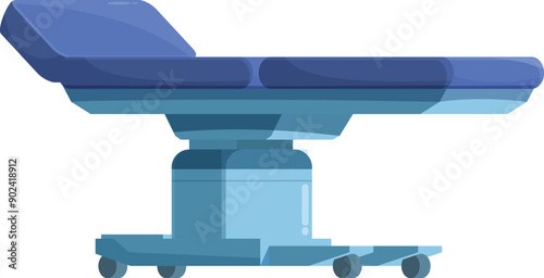 Blue medical examination table with adjustable headrest standing sideways on white background