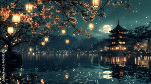 Enchanting Moonlit Night Over Ancient Chinese Riverside