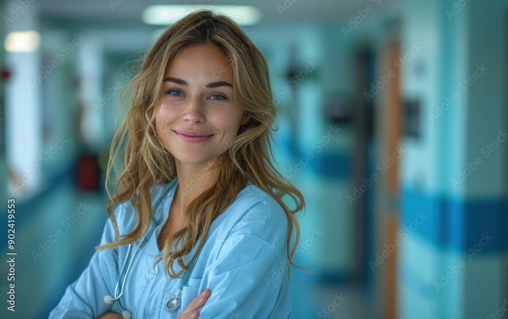 Fototapeta premium A smiling female doctor poses confidently in a hospital corridor, showcasing her professionalism and warmth in a caring healthcare environment