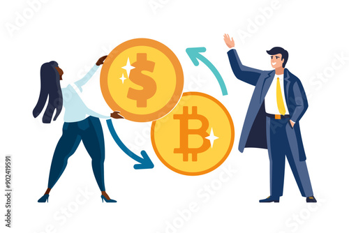 Vector illustrations. Financial transactions, penny transfers, banking transactions, gold coins, exchange between dollar and bitcoin. Business, businessman, people, African-American woman, 