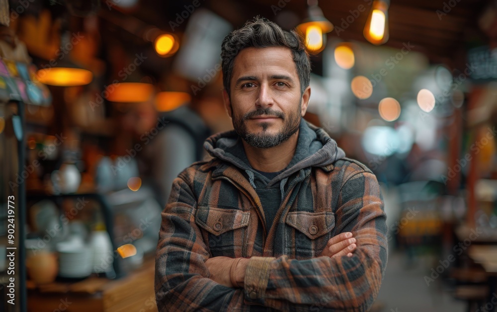 The coffee shop owner stands confidently, showcasing his passion for brewing coffee and creating a welcoming atmosphere for customers The coffee shop owner stands confidently, showcasing his passion for brewing coffee and creating a welcoming atmosphere for customers