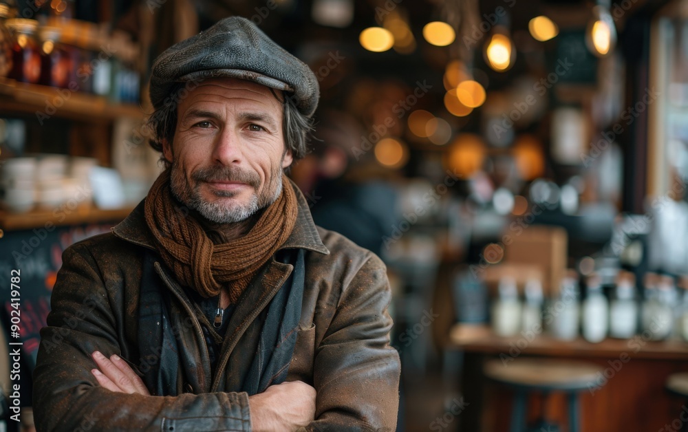 The owner stands confidently before his lively café, surrounded by warm lighting and a bustling atmosphere The owner stands confidently before his lively café, surrounded by warm lighting and a bustling atmosphere