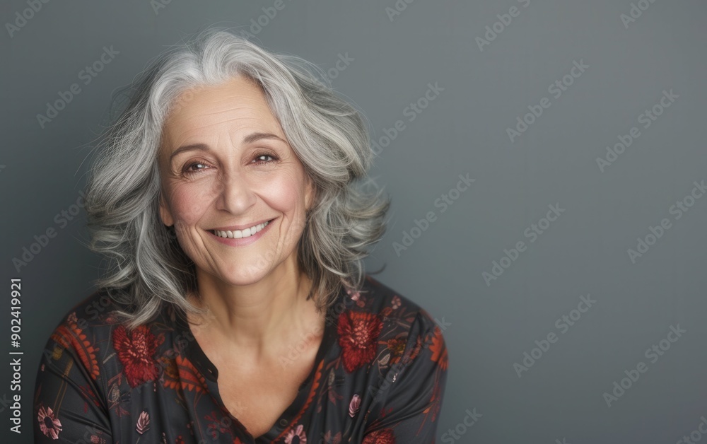 An elderly woman with beautiful gray hair smiles warmly, dressed in a floral top, radiating elegance and joy against a muted backdrop