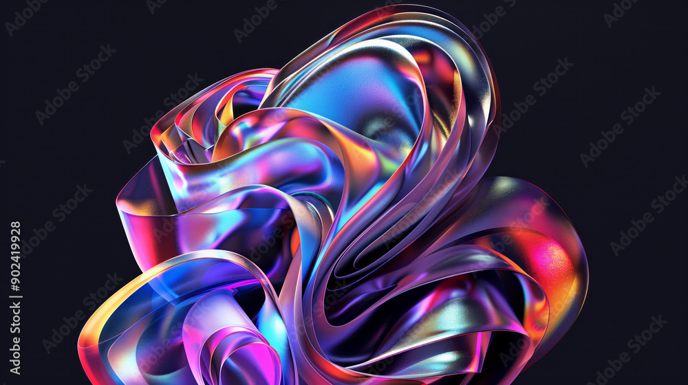 Obraz premium Abstract 3D holographic element with a shimmering, iridescent effect on a black background