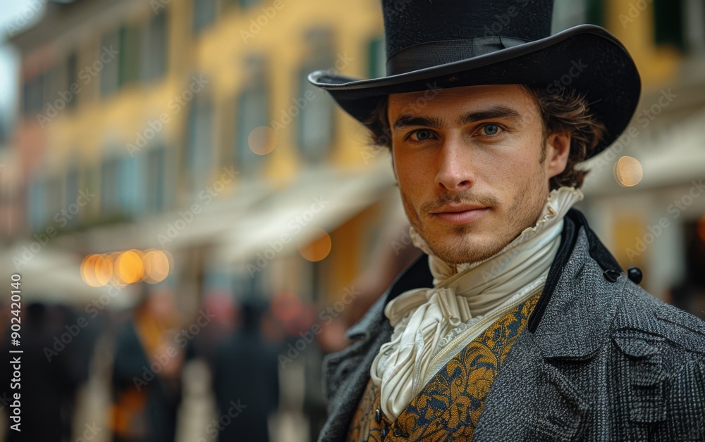 A stylish man from the Regency era walks confidently down the street, dressed in a top hat and elegant vest, amidst a bustling, historic setting A stylish man from the Regency era walks confidently down the street, dressed in a top hat and elegant vest, amidst a bustling, historic setting