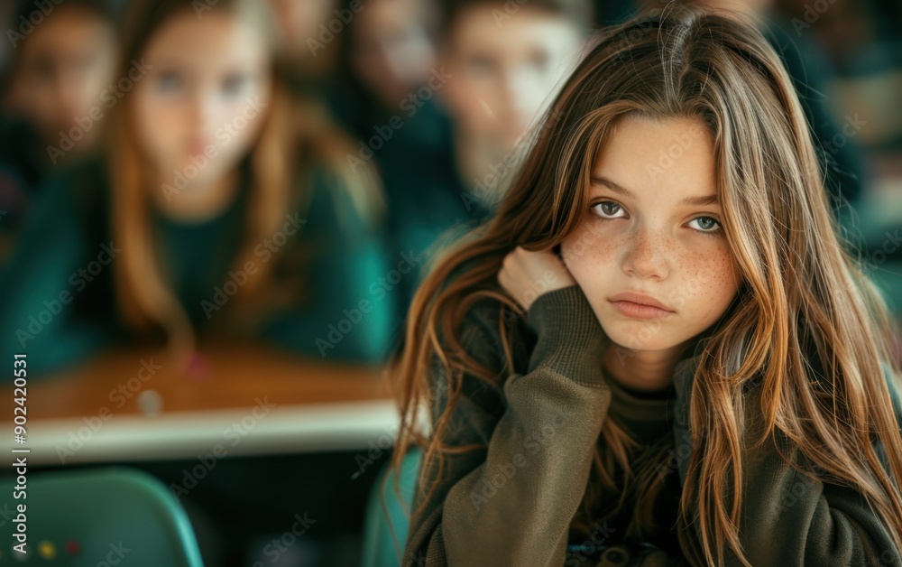 A teenage girl sits at her desk, looking sad and worried, surrounded by classmates in a bustling high school classroom A teenage girl sits at her desk, looking sad and worried, surrounded by classmates in a bustling high school classroom