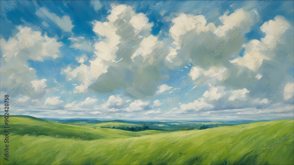 Obraz premium An oil painting depicting a vast grassland, sky, and clouds landscape.
