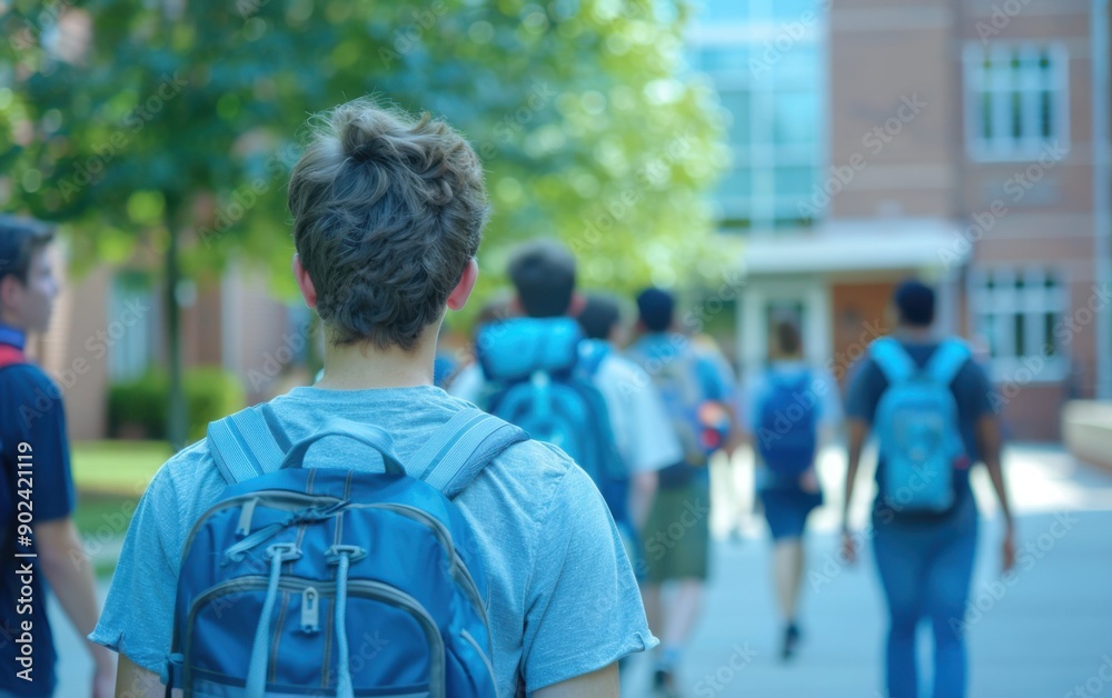 Groups of students with backpacks head towards their dormitory on a bright day, sharing conversations and excitement about campus life Groups of students with backpacks head towards their dormitory on a bright day, sharing conversations and excitement about campus life