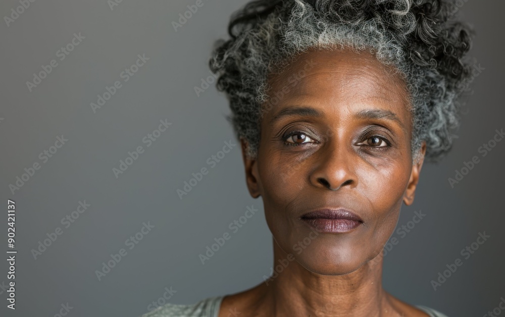 Fototapeta premium A middle-aged black woman with gray hair poses confidently, showcasing her unique beauty in a minimalist studio setting