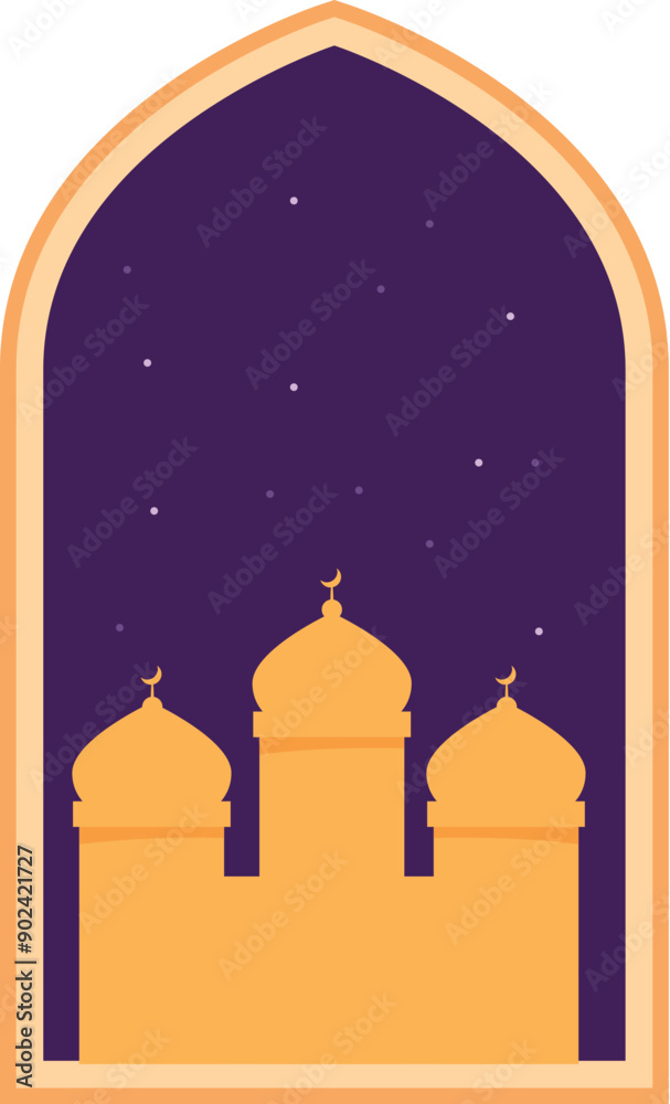 Fototapeta premium Illustration of an islamic mosque building showing at night through a window frame with a starry night