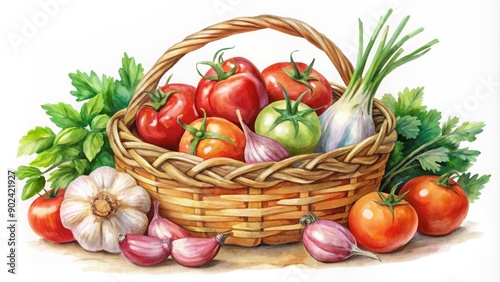 Watercolor painting of a basket filled with fresh spring vegetables including onions, tomatoes, and garlic , watercolor