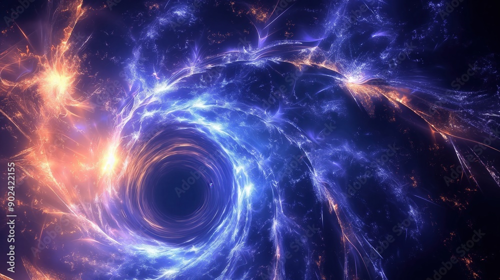 Fototapeta premium Black hole blue orange energy waves emanating abstract cosmic background event horizon universe's fabric warps swirling gas clouds particle aquatic particles