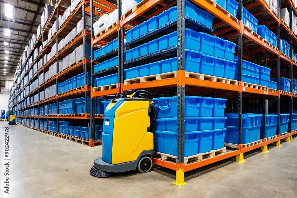 Naklejka premium A blue and yellow machine in a modern warehouse setting