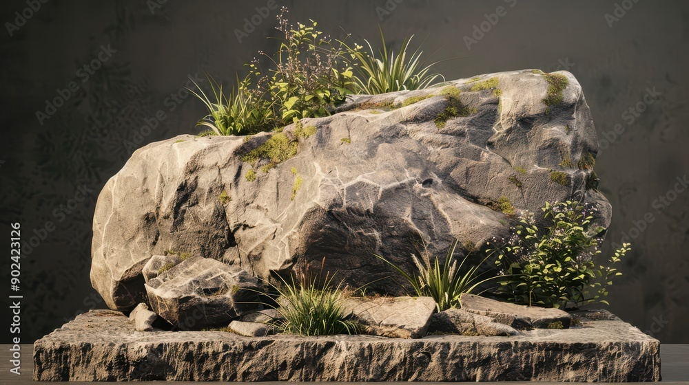 Podium with mountain rock and alpine plants, highlandinspired, natural and rugged presentation backdrop Podium with mountain rock and alpine plants, highlandinspired, natural and rugged presentation backdrop