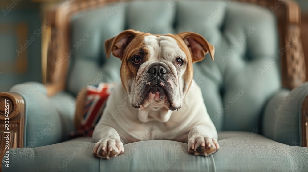 A majestic English bulldog with a Union Jack bandana sits on a velvet cushion. A majestic English bulldog with a Union Jack bandana sits on a velvet cushion.