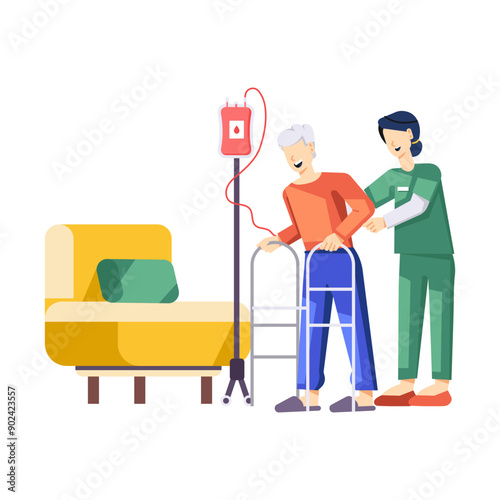 A flat style illustration of elderly patient with nurse

