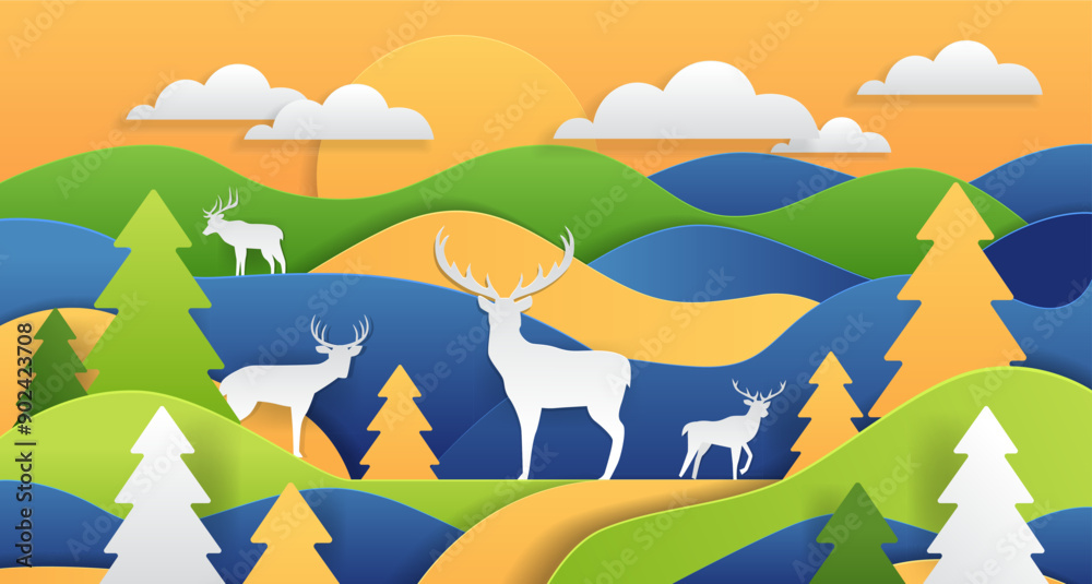 Obraz premium Deer in colorful landscape sunset hills trees clouds paper cut style
