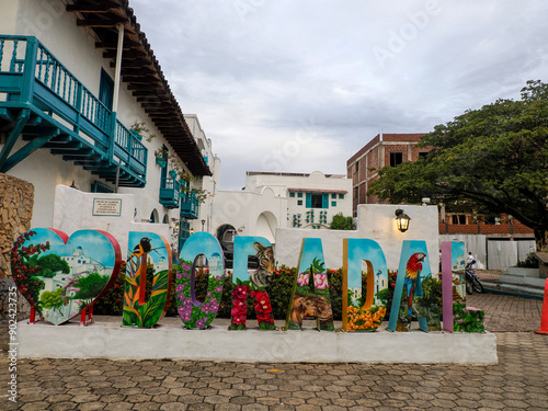 Doradal colombian santorini pictoresque village white and blue house greek greece style in Colombia photo