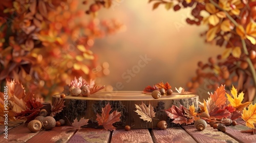 Podium with autumn leaves and acorns, fallinspired, warm and natural presentation setting photo