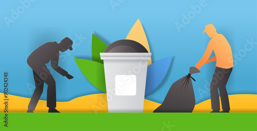 People cleaning environment trash bin paper cut style. Two figures picking up litter near a large trash bin with colorful leaves in the background