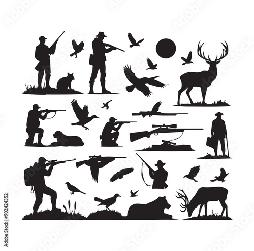 Hunting Silhouette Set with Hunters, Wildlife, Birds, and Equipment Icons
