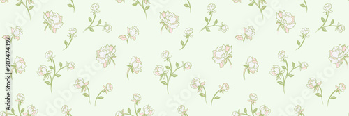Pastel mint green pattern with abstract creative rosebuds, roses pattern. Vector hand drawing. Stylized tiny branches flowers seamless background. Simple ornaments for designs, textile, print