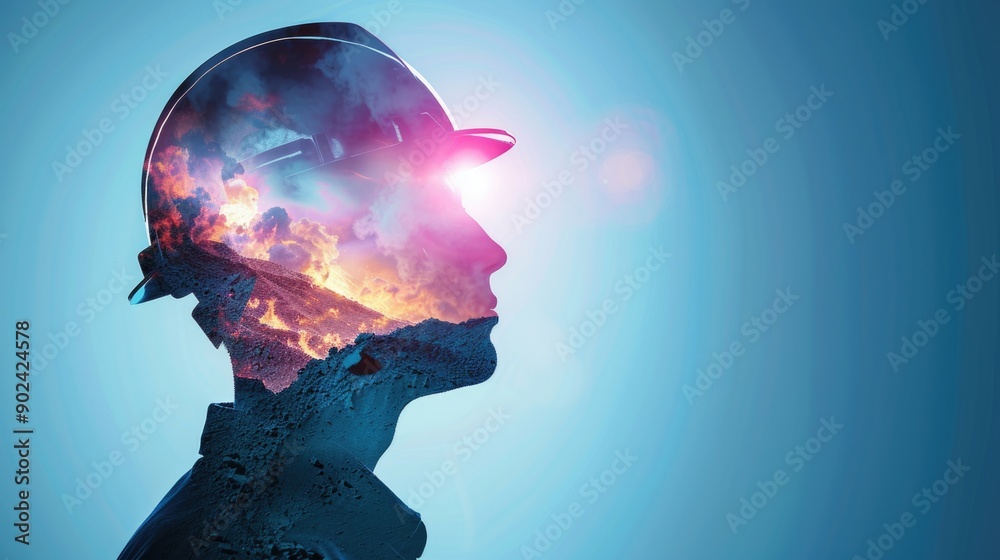 Mine coal industry, miner engineering project devotion with double exposure design. Blue color background with sunlight, mining industrial Mine coal industry, miner engineering project devotion with double exposure design. Blue color background with sunlight, mining industrial