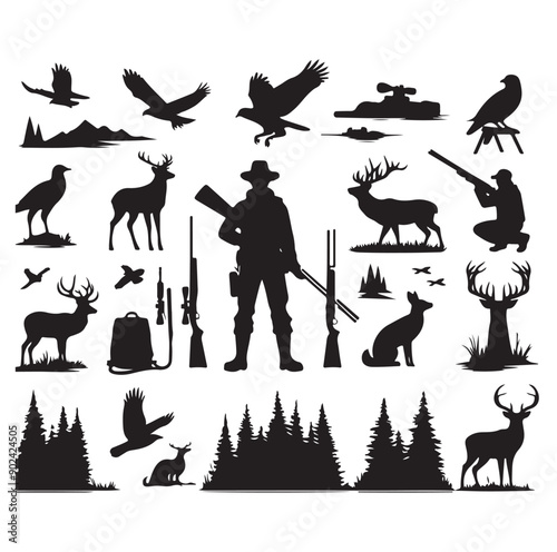Hunting Silhouette Set with Hunters, Wildlife, Birds, and Equipment Icons
