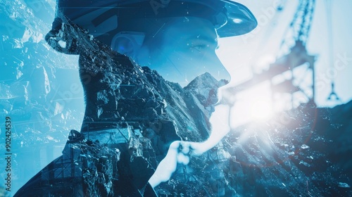 Mine coal industry, miner engineering project devotion with double exposure design. Blue color background with sunlight, mining industrial