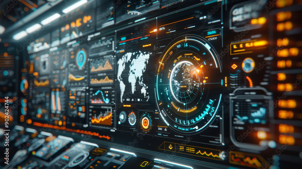Futuristic dashboard interface with glowing graphs, world map, and digital readouts for advanced technology and data visualization. Futuristic dashboard interface with glowing graphs, world map, and digital readouts for advanced technology and data visualization.