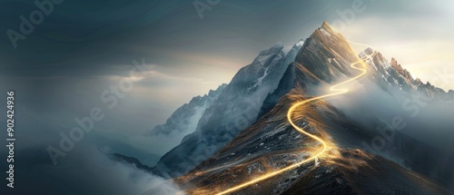 glowing path to the top of the mountain, business success strategy, development and growth concept