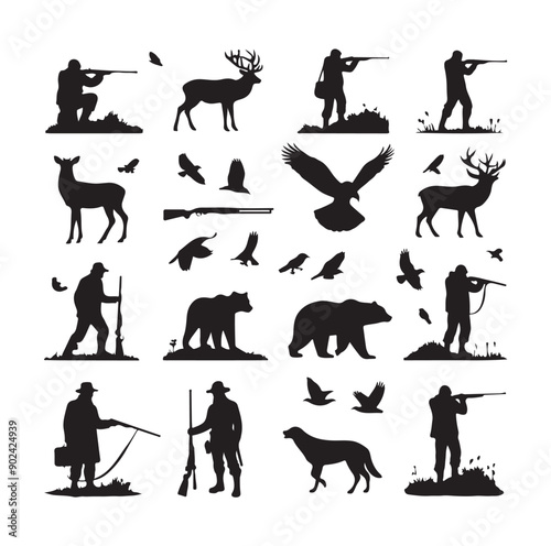 Hunting Silhouette Set with Hunters, Wildlife, Birds, and Equipment Icons
