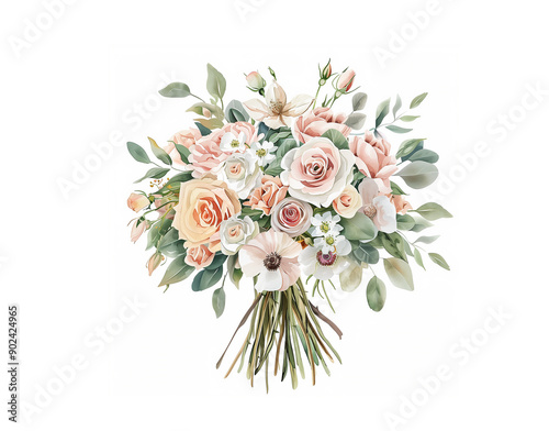 A beautifully painted watercolor bouquet of the bride, a bouquet of pastel-colored flowers on a white background.