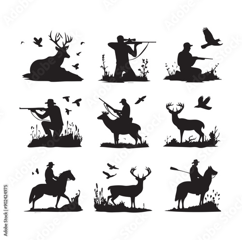 Hunting Silhouette Set with Hunters, Wildlife, Birds, and Equipment Icons
